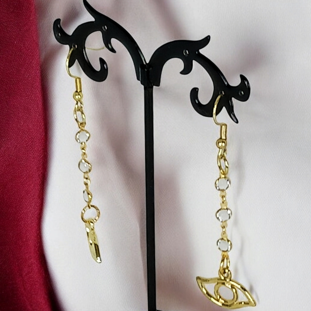Gold Evil Eye Dangle Drop Earrings with Vintage Bezel Set Blue Satellite Chain - Picture 2 of 14